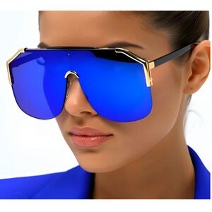 Shield Sunglasses Blue Mirror Flat Lens Gold Fashion Visor Sun Glasses Women New
